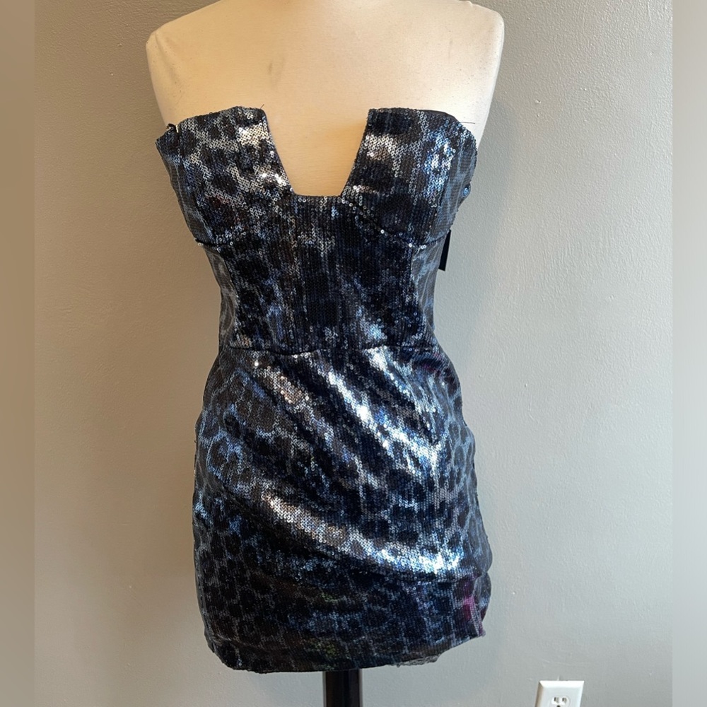 Zara Sequin Leopard Print Short Cocktail Dress Blue Size Small NWT